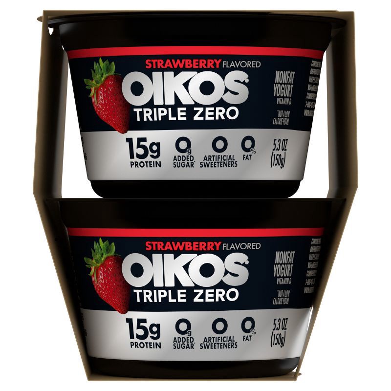 slide 11 of 13, Oikos Triple Zero Strawberry Greek Yogurt - 15g Protein 4ct/5.3oz Cups, 15 gram, 4 ct, 5.3 oz