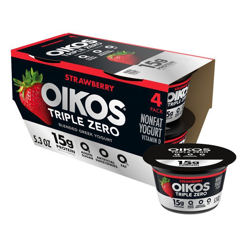 slide 1 of 11, Oikos Triple Zero Strawberry Greek Yogurt - 4ct/5.3oz Cups, 4 ct; 5.3 oz