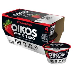 Oikos Triple Zero Strawberry Greek Yogurt - 15g Protein 4ct/5.3oz Cups: Gluten-Free, No Added Sugar