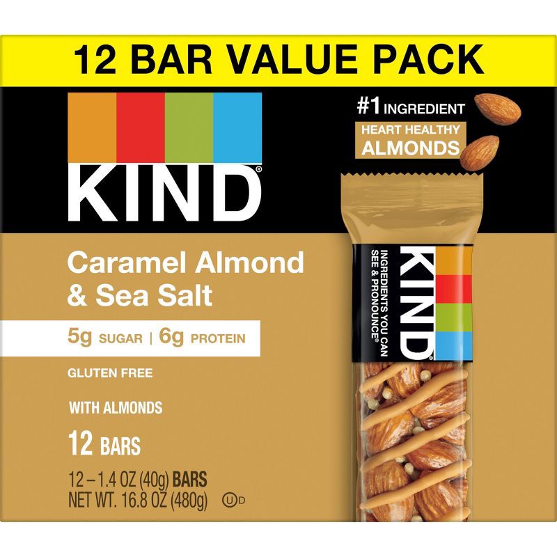 slide 2 of 7, KIND Nut Bars Caramel Almond & Sea Salt Gluten Free Snack Bars - 12ct, 12 ct