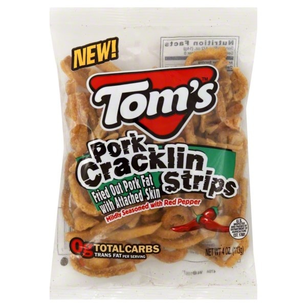 slide 1 of 1, Tom's Pork Cracklin Strips, Mildly Seasoned with Red Pepper, 4 oz