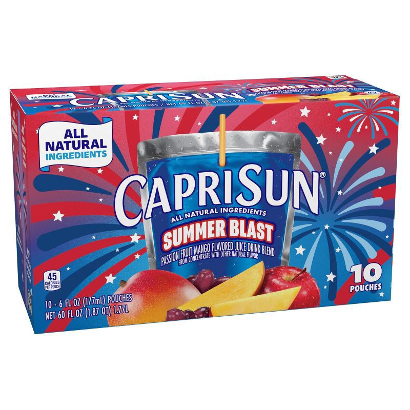 slide 2 of 11, Capri Sun Summer Blast Passion Fruit Mango flavored Juice Drink Blend, from concentrate with other natural flavor, 10 ct Box, 6 fl oz Pouches, 10 ct