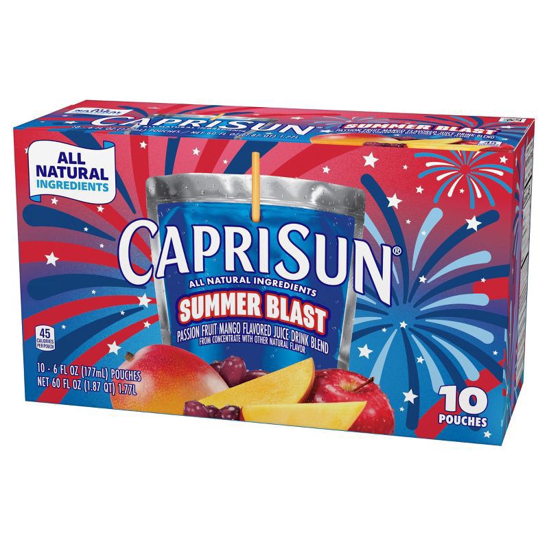 slide 11 of 11, Capri Sun Summer Blast Passion Fruit Mango flavored Juice Drink Blend, from concentrate with other natural flavor, 10 ct Box, 6 fl oz Pouches, 10 ct