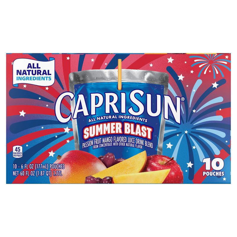 slide 7 of 11, Capri Sun Summer Blast Passion Fruit Mango flavored Juice Drink Blend, from concentrate with other natural flavor, 10 ct Box, 6 fl oz Pouches, 10 ct