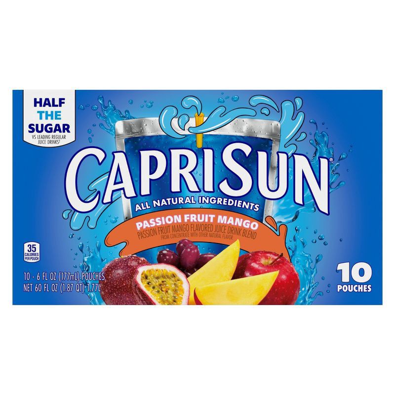 slide 10 of 11, Capri Sun Summer Blast Passion Fruit Mango flavored Juice Drink Blend, from concentrate with other natural flavor, 10 ct Box, 6 fl oz Pouches, 10 ct