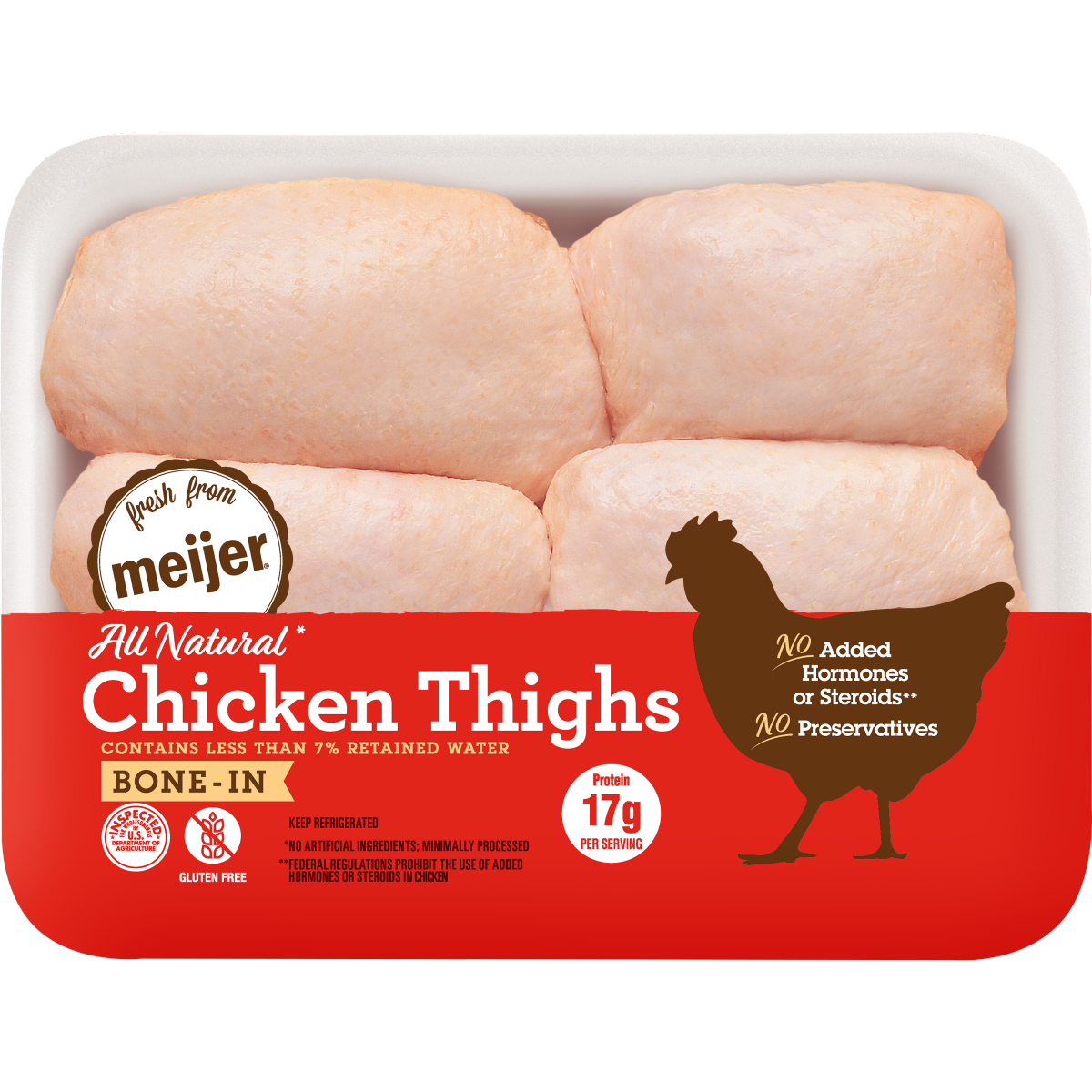 slide 1 of 9, FRESH FROM MEIJER Meijer 100% All Natural Bone-In Chicken Thighs, per lb