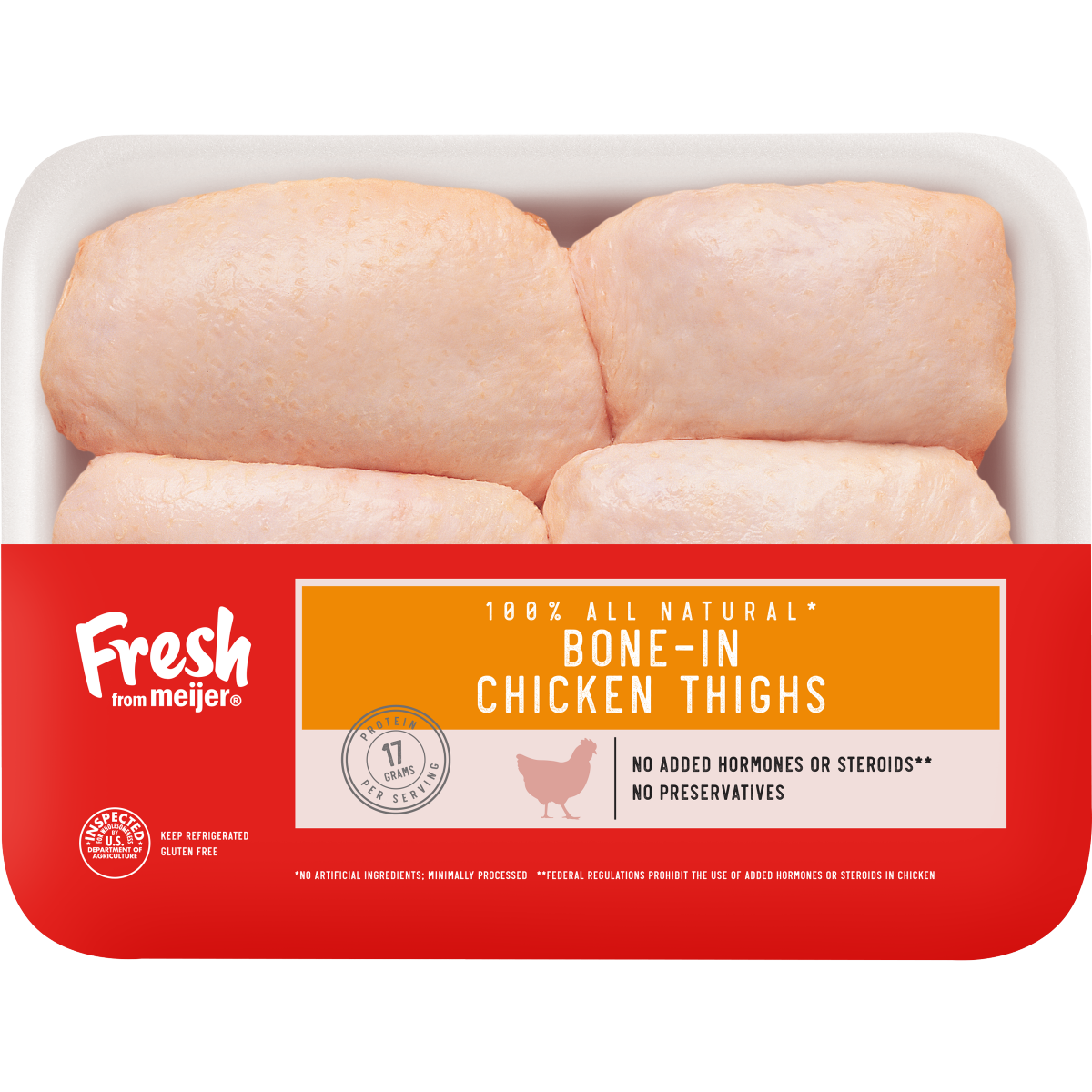 slide 1 of 9, FRESH FROM MEIJER Meijer 100% All Natural Bone-In Chicken Thighs, per lb