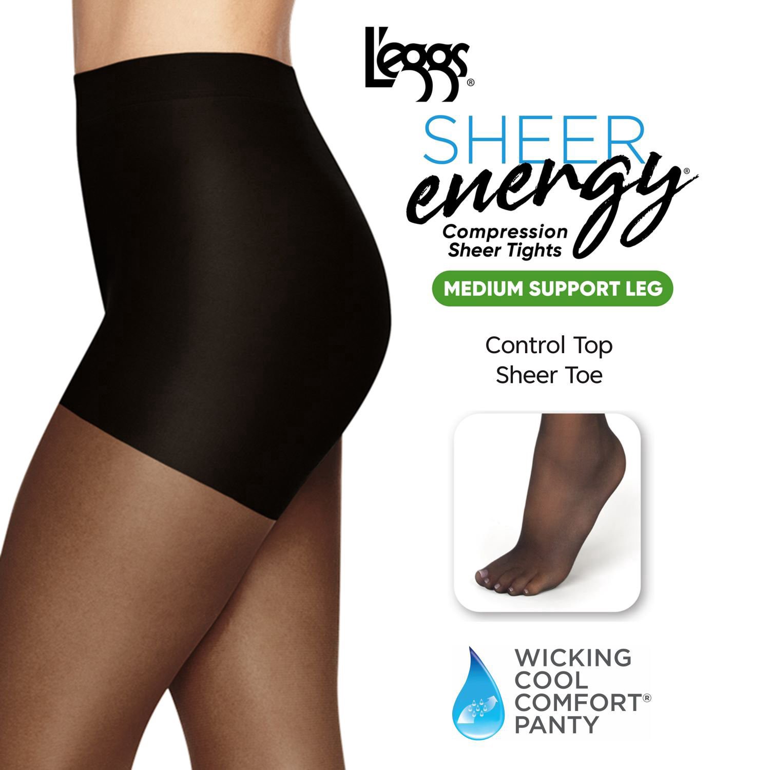 slide 3 of 3, L'Eggs Sheer Energy Medium Support Control Top Sheer Toe - Off Black, 1 ct