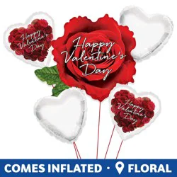 Happy Valentine's Day Red Rose Helium Filled Balloon Bouquet - Red Multi
