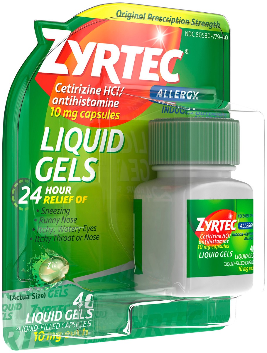 slide 2 of 7, Zyrtec 24 Hour Allergy Relief Liquid Gels, Antihistamine Capsules with Cetirizine Hydrochloride Allergy Medicine for All-Day Relief from Runny Nose, Sneezing, Itchy Eyes & More, 40 ct, 40 ct