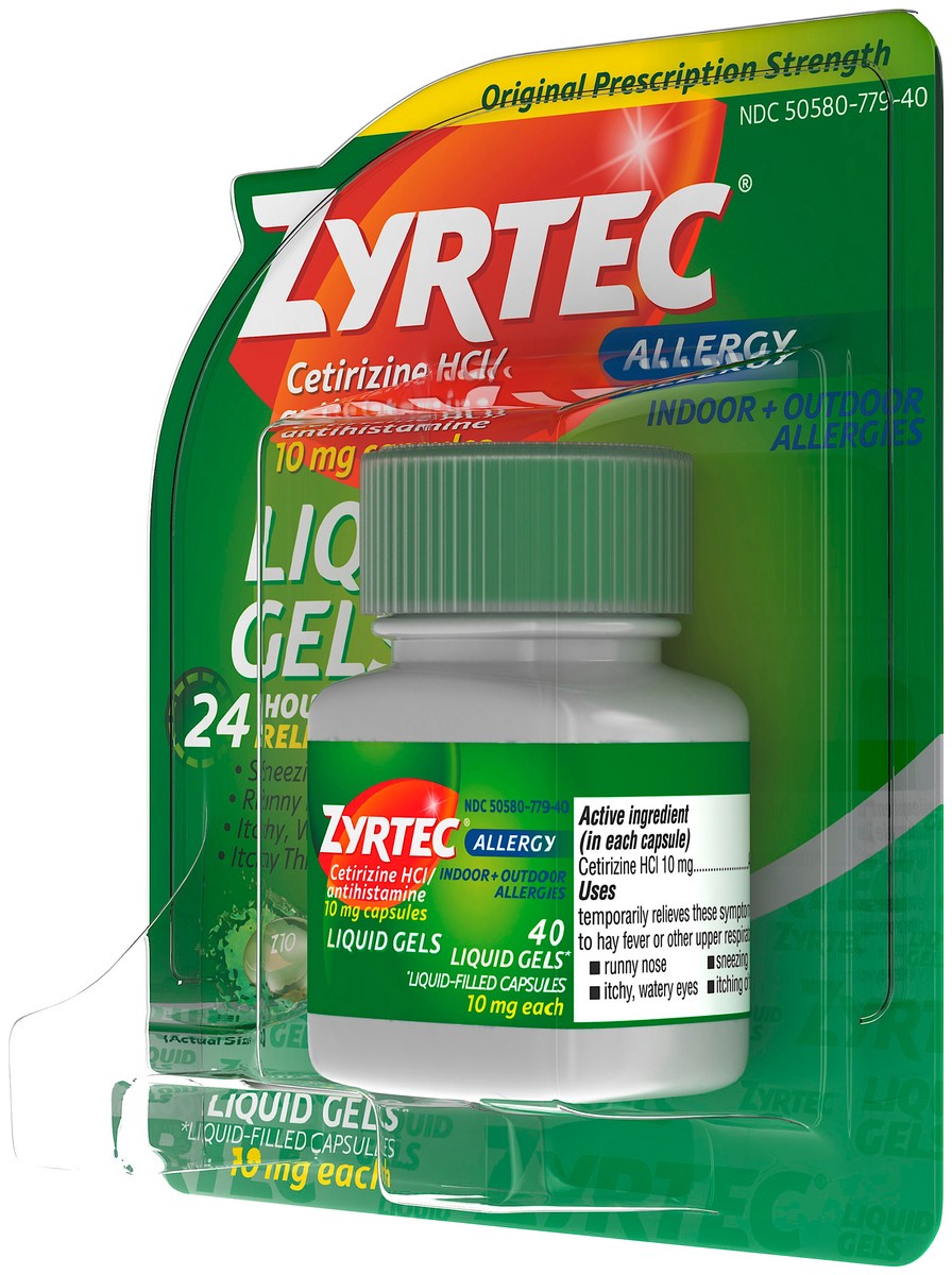 slide 3 of 7, Zyrtec 24 Hour Allergy Relief Liquid Gels, Antihistamine Capsules with Cetirizine Hydrochloride Allergy Medicine for All-Day Relief from Runny Nose, Sneezing, Itchy Eyes & More, 40 ct, 40 ct