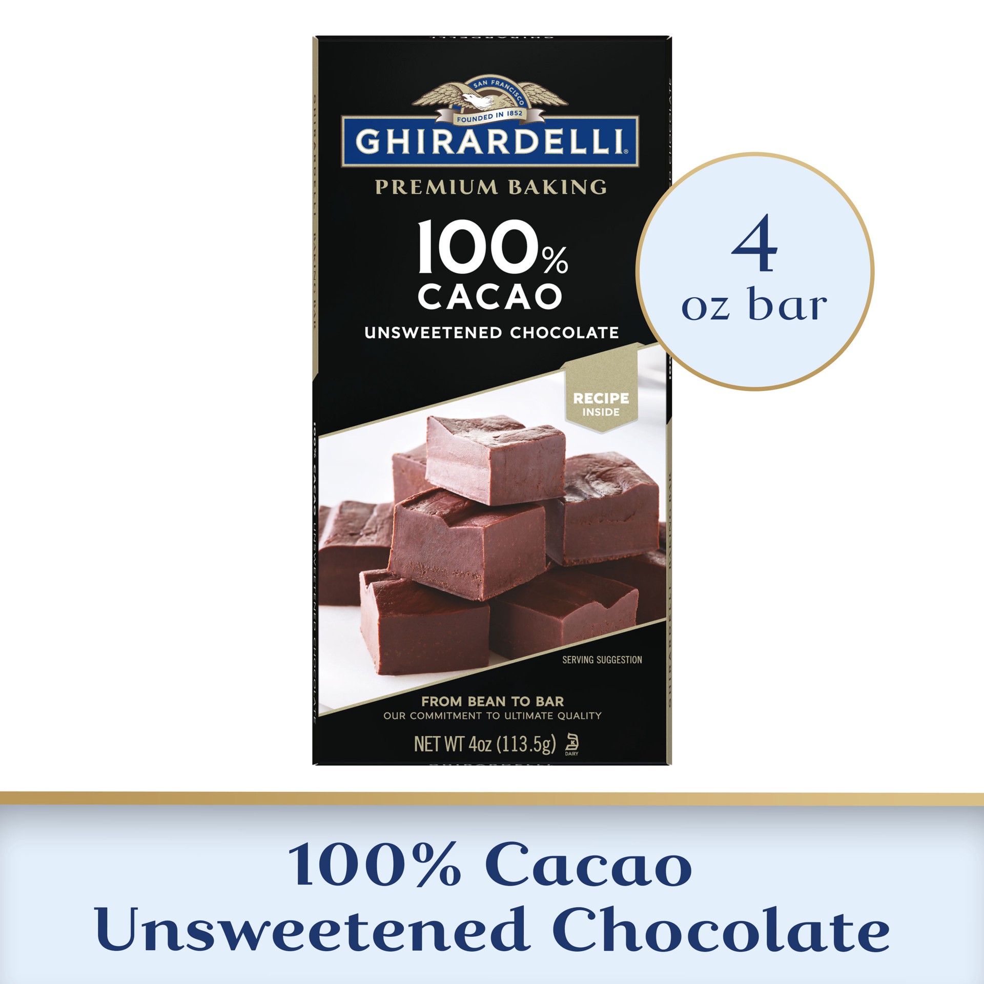 slide 1 of 13, GHIRARDELLI Premium 100% Cacao Unsweetened Chocolate Baking Bar, 4 oz Bar, 4 oz