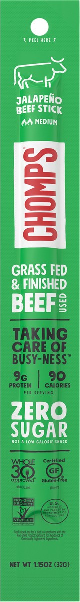 slide 2 of 3, Chomps Grass-Fed and Finished Jalapeño Beef Meat Stick, 1.15oz Stick, 1 ct