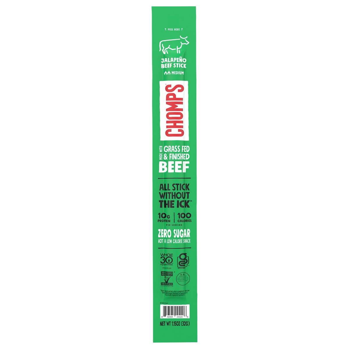 slide 1 of 3, Chomps Grass-Fed and Finished Jalapeño Beef Meat Stick, 1.15oz Stick, 1 ct