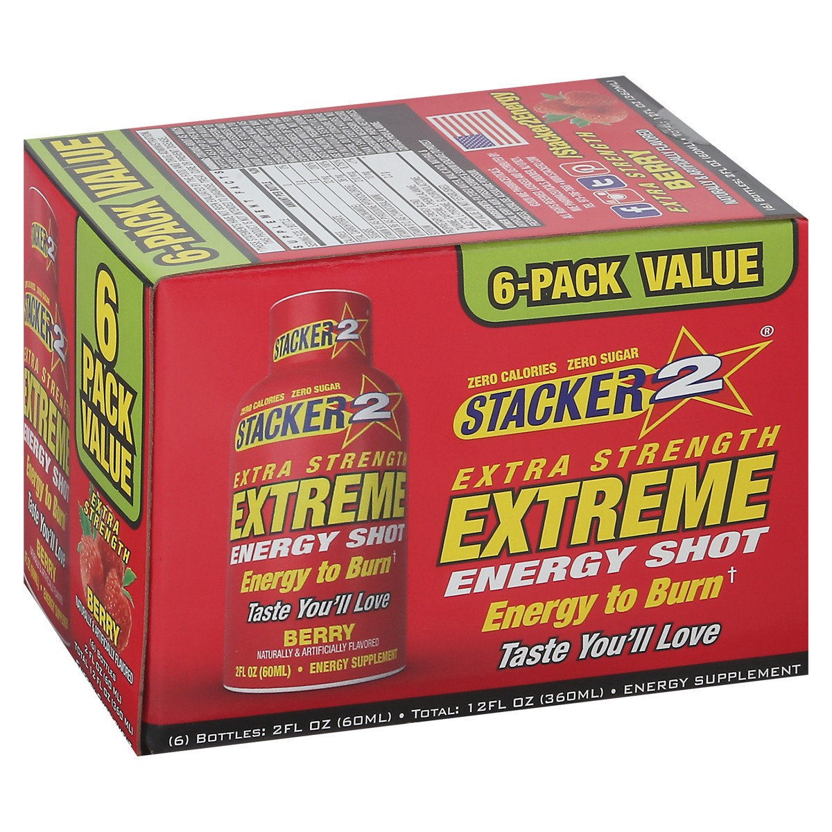 slide 2 of 9, Stacker 2 Extreme Energy Shots Extra Strength Berry flavor - 6 ct, 6 ct