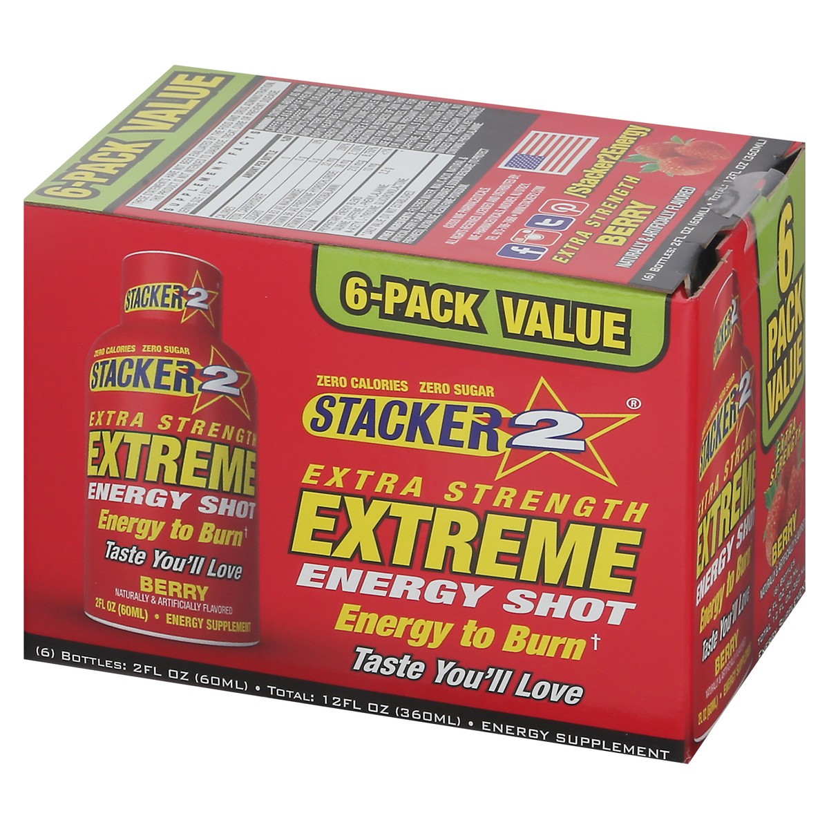 slide 7 of 9, Stacker 2 Extreme Energy Shots Extra Strength Berry flavor - 6 ct, 6 ct