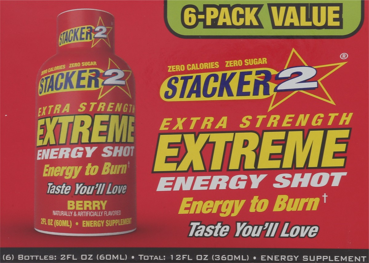 slide 3 of 9, Stacker 2 Extreme Energy Shots Extra Strength Berry flavor - 6 ct, 6 ct