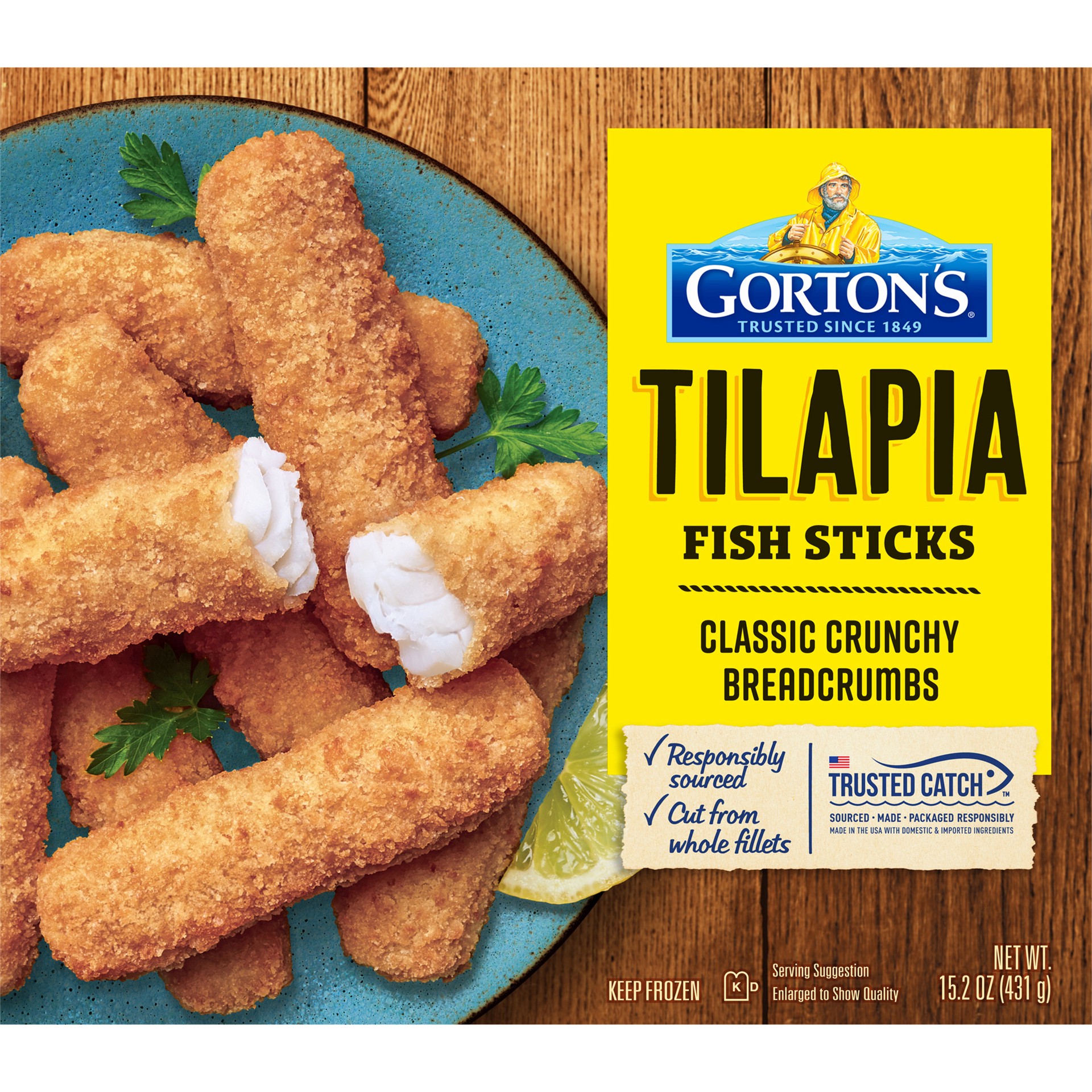 slide 6 of 10, Gorton's Gorton''s Crunchy Breaded Fish Sticks Cut from 100% Whole Fillets, Tilapia with Crunchy Breadcrumbs, Frozen, 15.2 Ounce Package, 15.2 oz