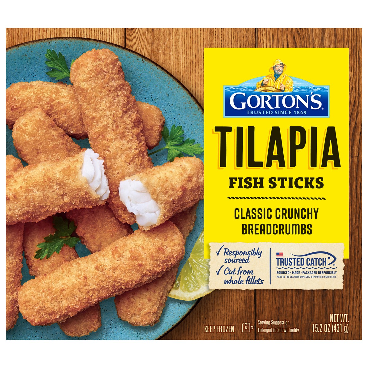 slide 1 of 10, Gorton's Gorton’s Crunchy Breaded Fish Sticks Cut from 100% Whole Fillets, Tilapia with Crunchy Breadcrumbs, Frozen, 15.2 Ounce Package, 15.2 oz