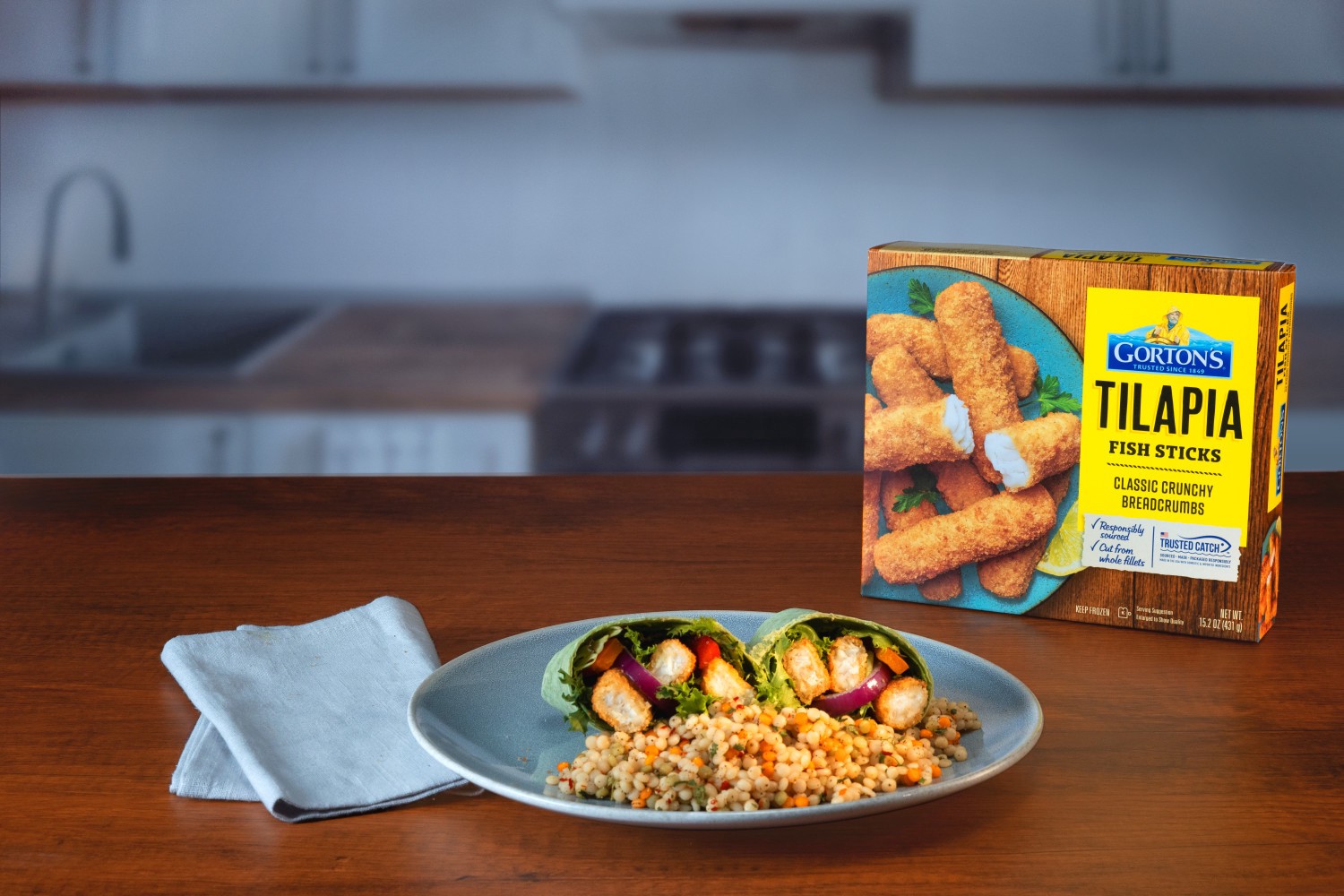 slide 9 of 10, Gorton's Gorton''s Crunchy Breaded Fish Sticks Cut from 100% Whole Fillets, Tilapia with Crunchy Breadcrumbs, Frozen, 15.2 Ounce Package, 15.2 oz