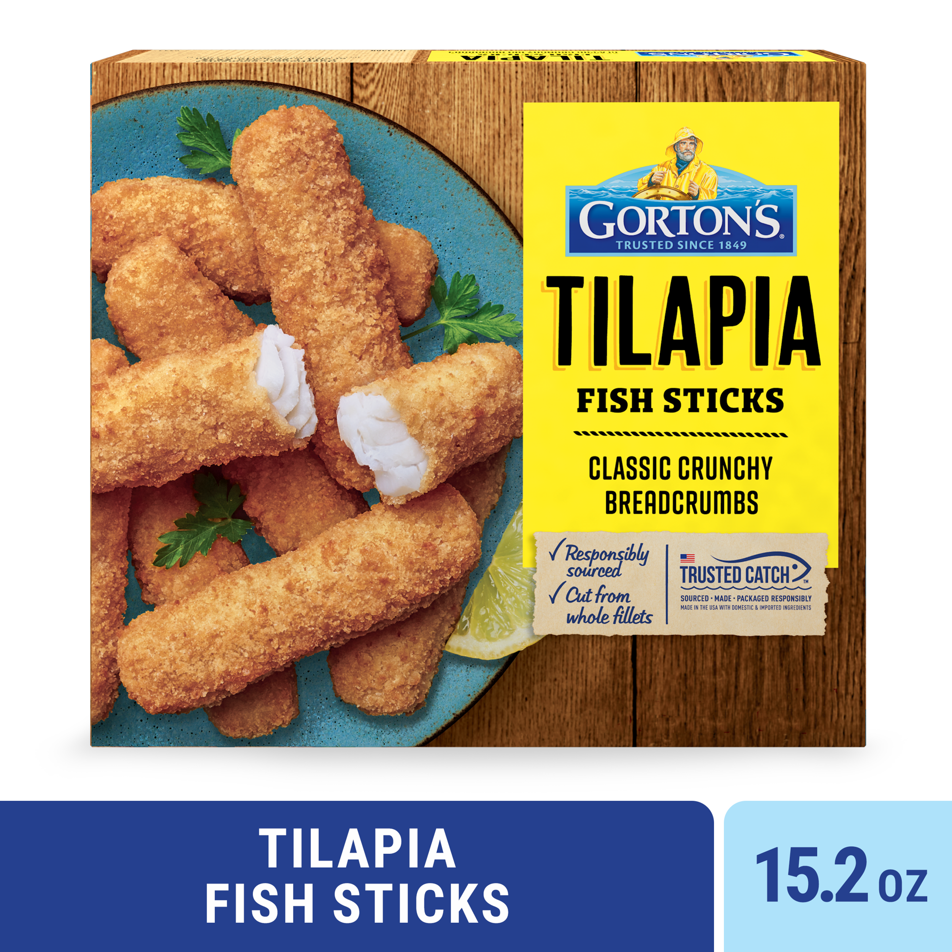 slide 1 of 10, Gorton's Gorton''s Crunchy Breaded Fish Sticks Cut from Whole Fish Fillets, Tilapia with Crunchy Breadcrumbs, Frozen, 15.2 Ounce Package, 15.2 oz
