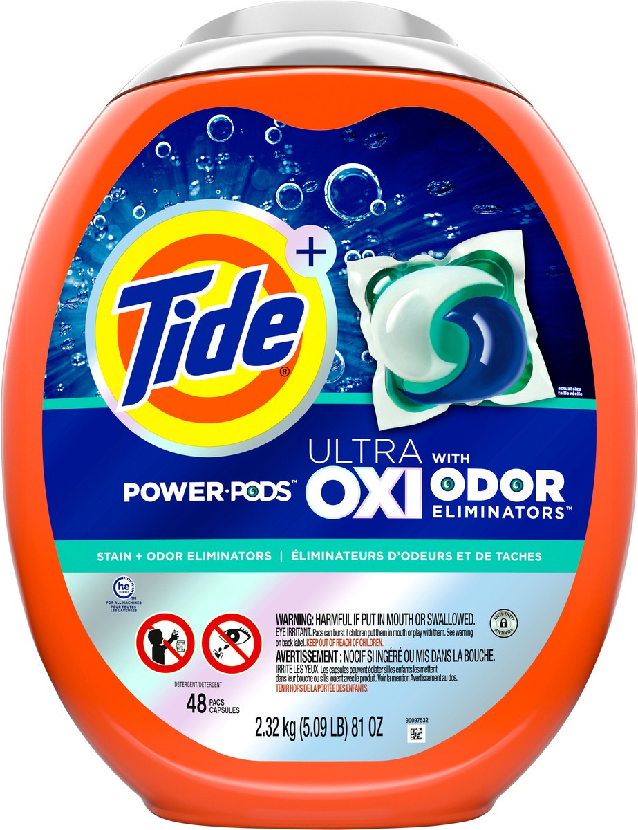 slide 2 of 4, Tide Ultra OXI Power PODS with Odor Eliminators Laundry Detergent Pacs, 48 Count, For Visible and Invisible Dirt, 48 ct