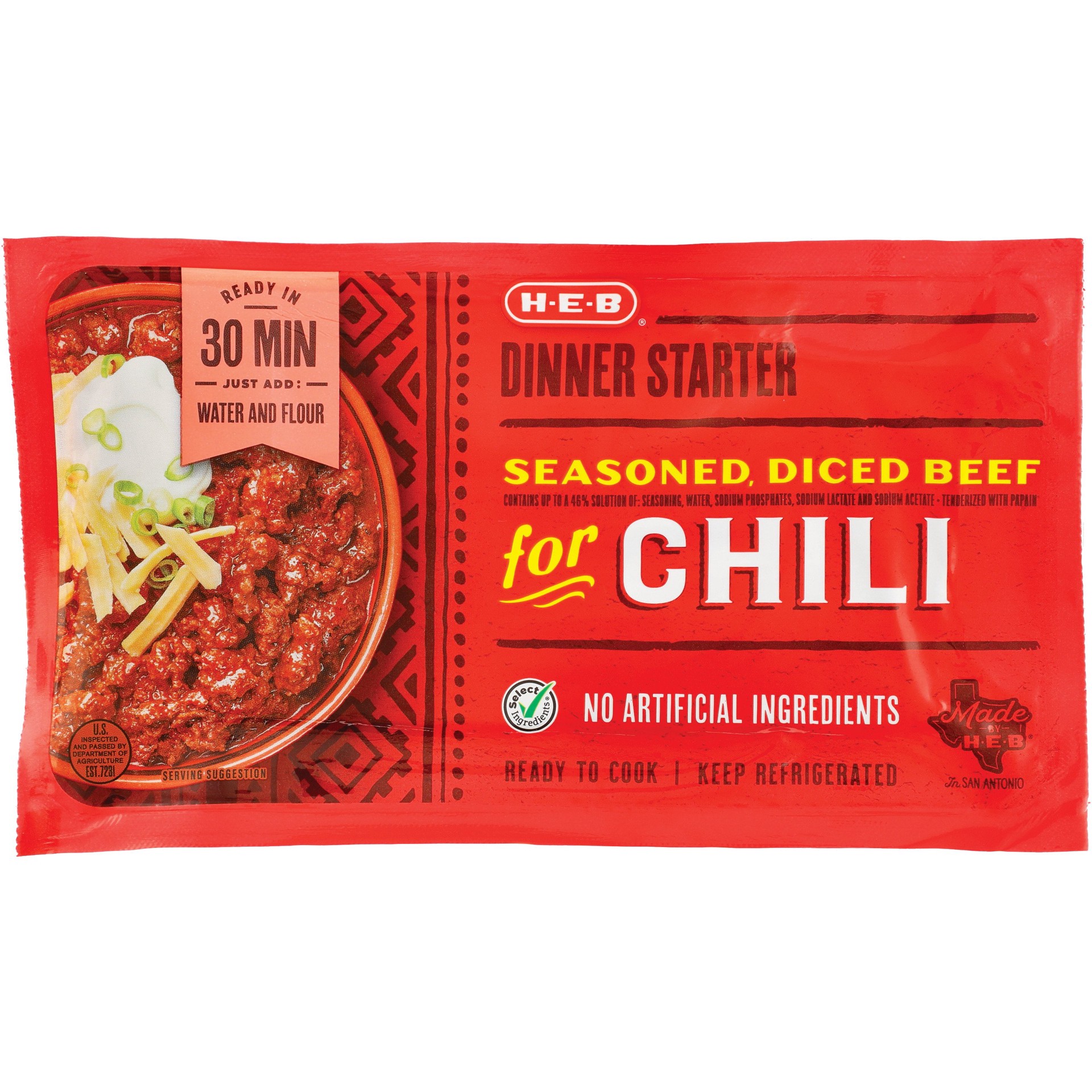 slide 1 of 1, H-E-B Dinner Starter - Seasoned Diced Beef for Chili, per lb