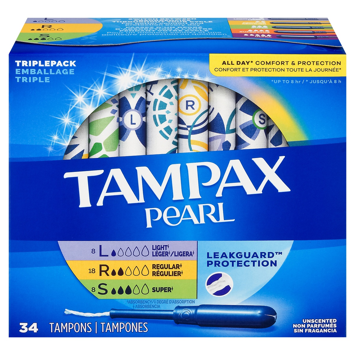 slide 1 of 1, Tampax Pearl Triple Pack Unscented Tampons 34 ea, 34 ct