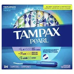 Tampax Pearl Tampons Trio Pack with Plastic Applicator and LeakGuard Braid - Light/Regular/Super Absorbency - Unscented - 34ct