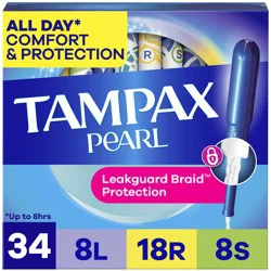 Tampax Pearl Tampons Multipack, with LeakGuard Braid, Light/Regular/Super Absorbency, Unscented, 34 Count