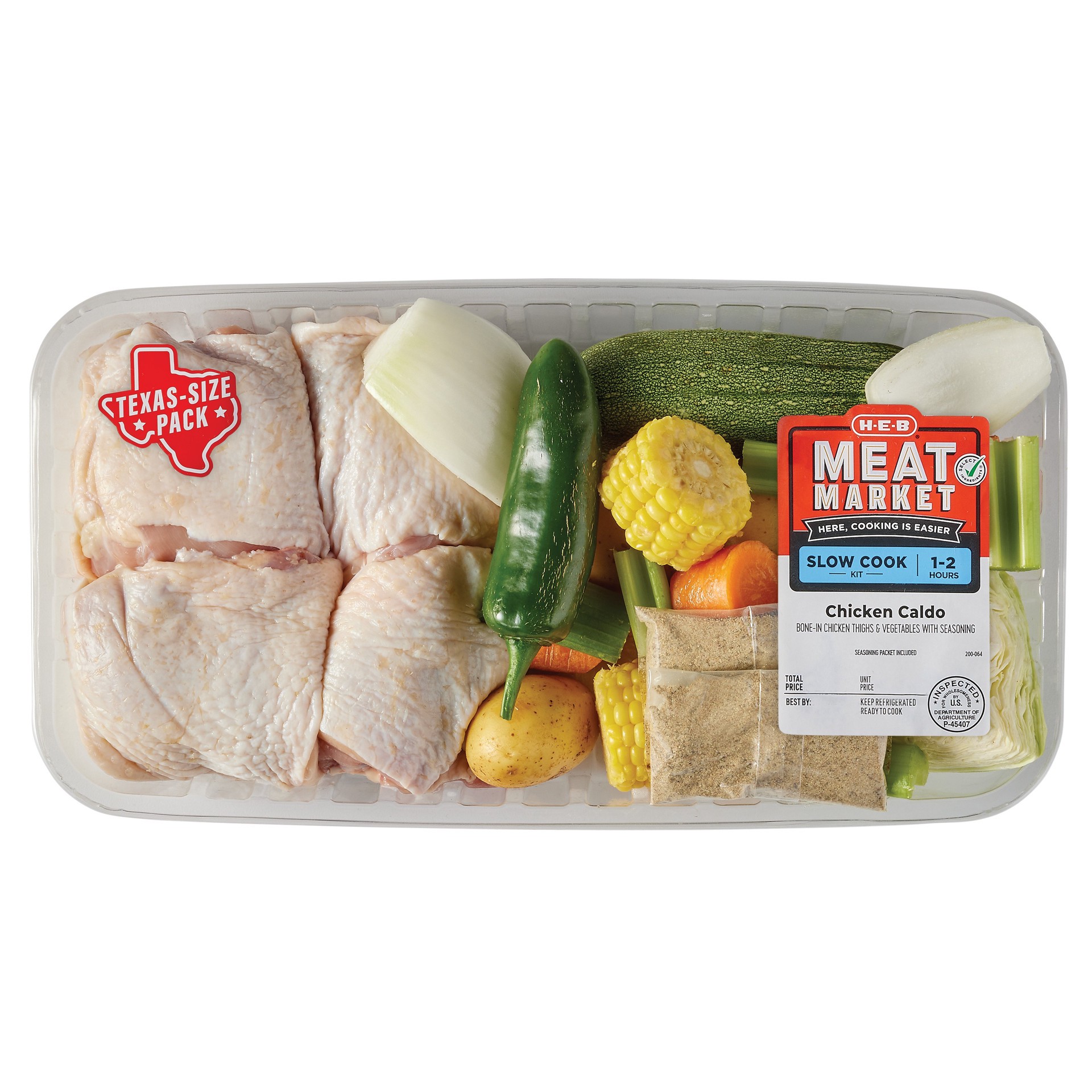 slide 1 of 1, H-E-B Meat Market Caldo Soup Kit - Bone-In Chicken Thighs & Vegetables - Texas-Size Pack, per lb