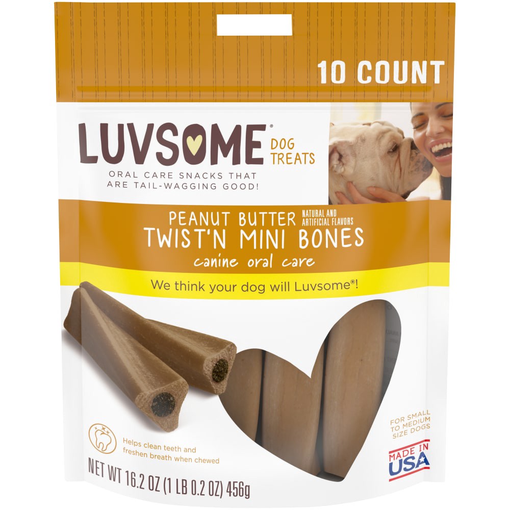 slide 1 of 3, Luvsome Peanut Butter Twistin Mini Bones Dog Treats, 16.2 oz