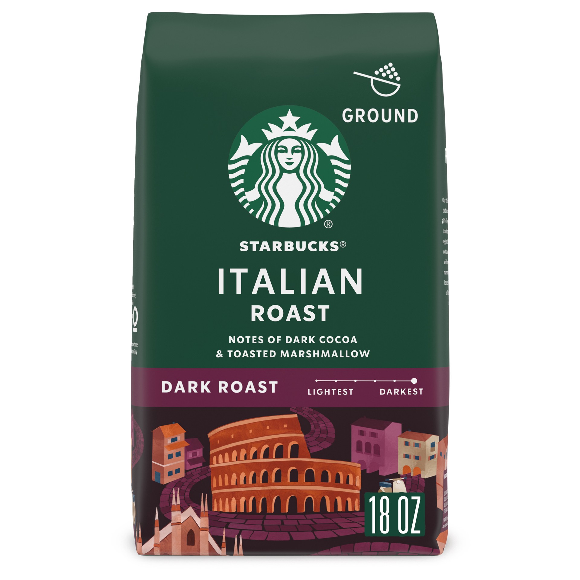 slide 1 of 9, Starbucks Ground Coffee, Dark Roast Coffee, Italian Roast, 100% Arabica, 1 bag (18 oz), 18 oz