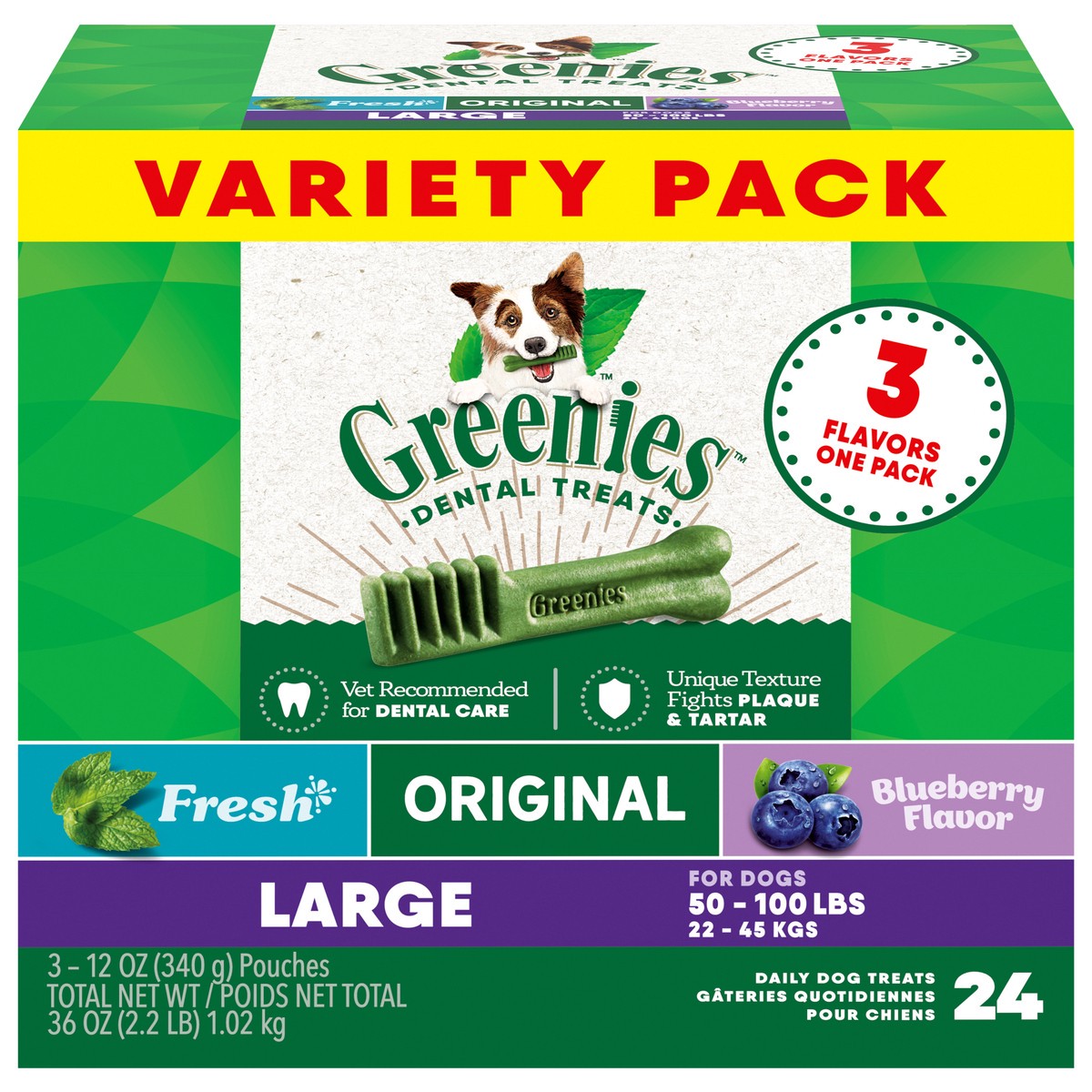 slide 2 of 3, Greenies Large Dental Daily Dog Treats Variety Pack 3 - 12 oz Pouches, 