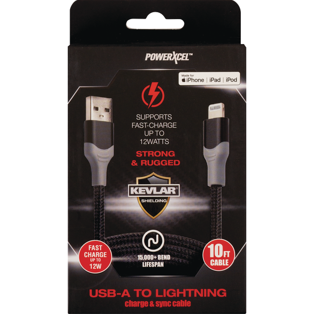 slide 1 of 1, POWERXCEL Kevlar Usb A To Lighing-10Ft Black, 1 ct