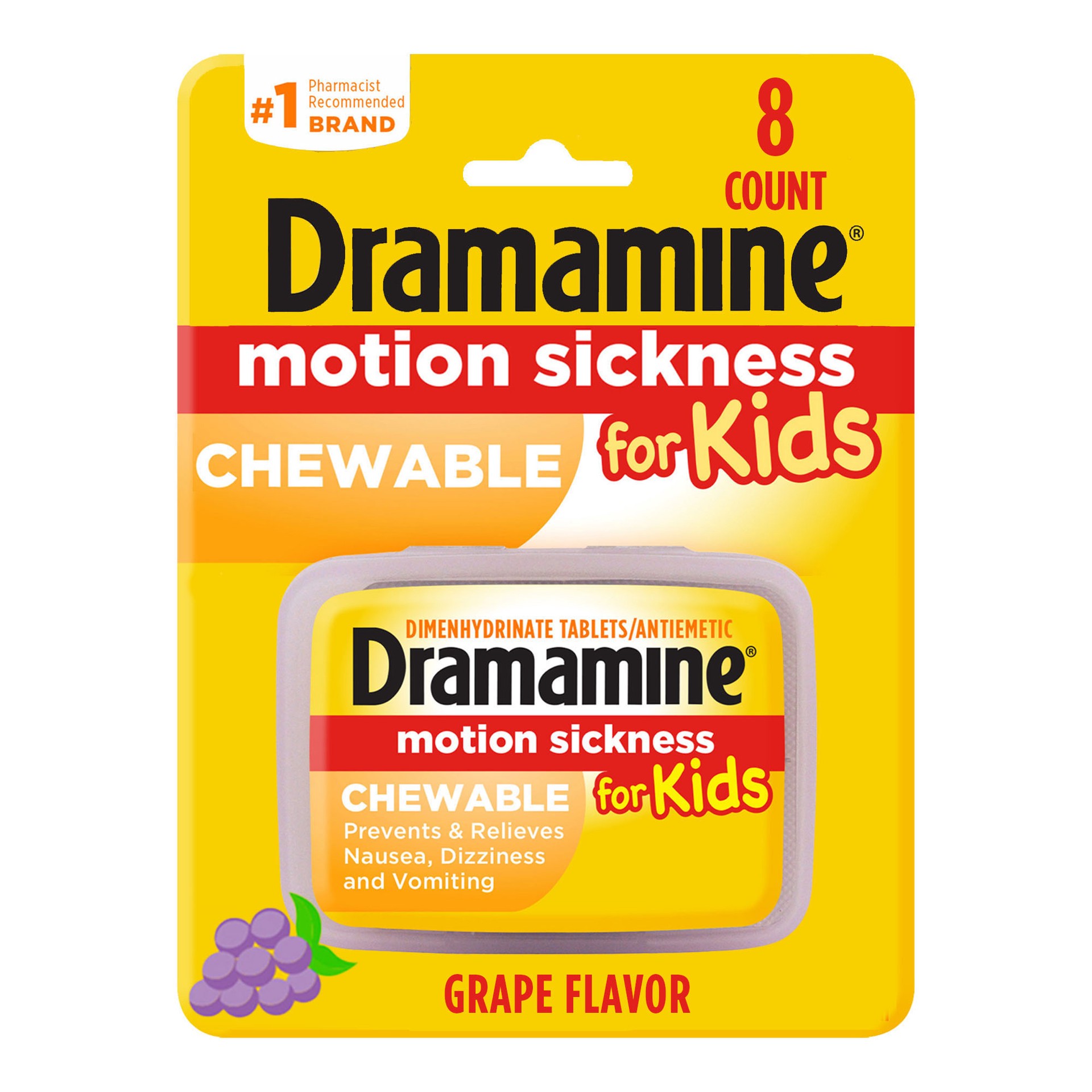 slide 1 of 2, Dramamine Kids Chewable, Motion Sickness Relief, Grape Flavor, 8 Count, 8 ct