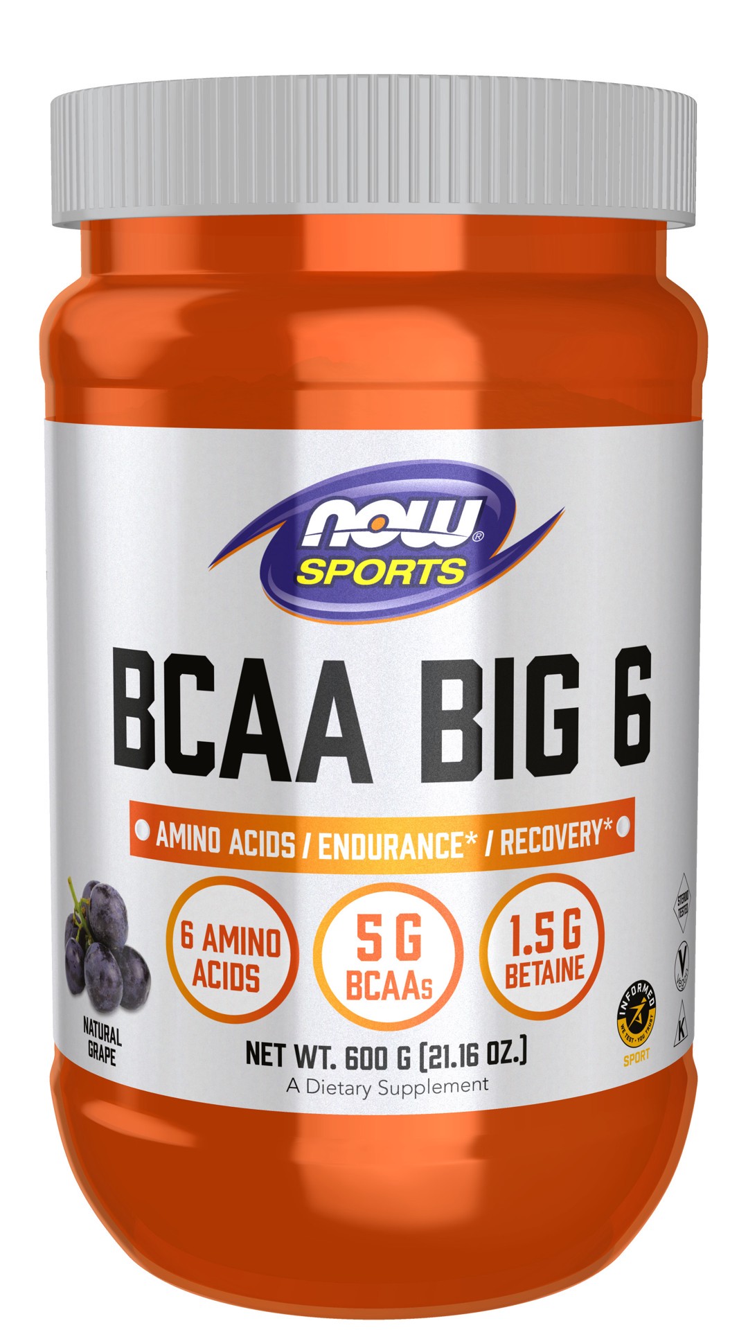 slide 1 of 5, NOW Sports BCAA Big 6, Grape Flavor Powder - 600 g, 600 gram