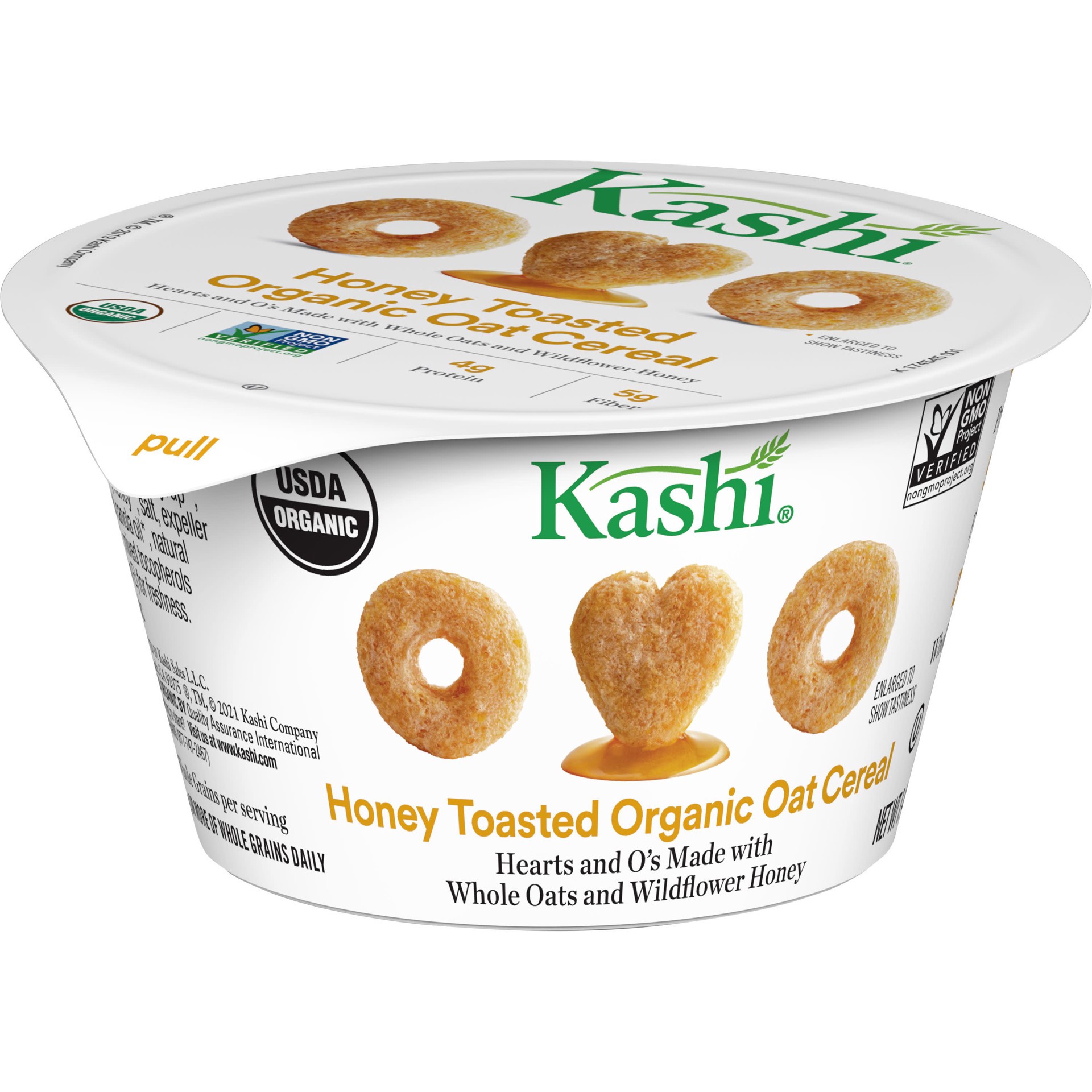 slide 1 of 5, Kashi Breakfast Cereal, Organic Cereal Cup to Go, Breakfast Snacks, Honey Toasted Oat, 16.8oz Case, 12 Cups, 1.4 oz