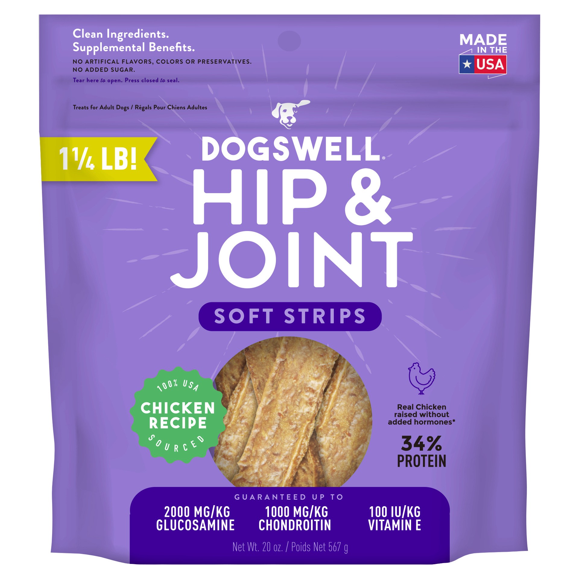 slide 1 of 7, Dogswell Hip & Joint Soft Strips Grain-Free Chicken for Dogs, 20 oz