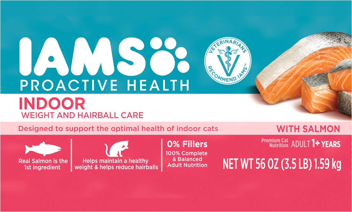 slide 3 of 15, IAMS PROACTIVE HEALTH Adult Indoor Weight Control & Hairball Care Dry Cat Food with Salmon, 3.5 lb. Bag, 56 oz