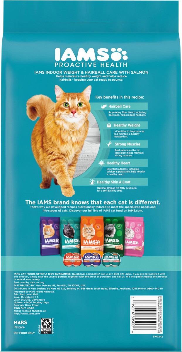 slide 6 of 15, IAMS PROACTIVE HEALTH Adult Indoor Weight Control & Hairball Care Dry Cat Food with Salmon, 3.5 lb. Bag, 56 oz