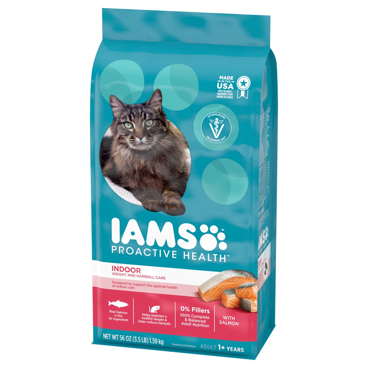 slide 13 of 15, IAMS PROACTIVE HEALTH Adult Indoor Weight Control & Hairball Care Dry Cat Food with Salmon, 3.5 lb. Bag, 56 oz