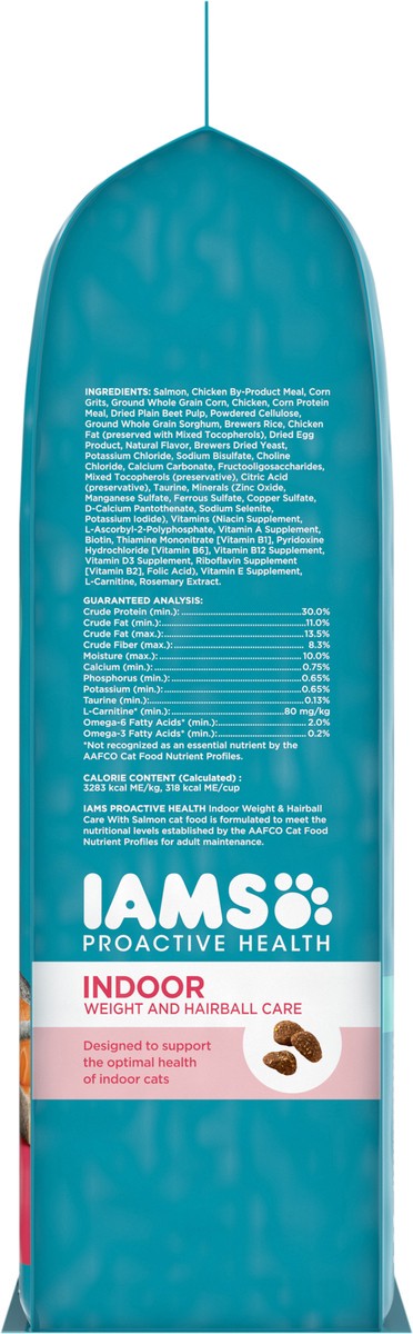 slide 2 of 15, IAMS PROACTIVE HEALTH Adult Indoor Weight Control & Hairball Care Dry Cat Food with Salmon, 3.5 lb. Bag, 56 oz