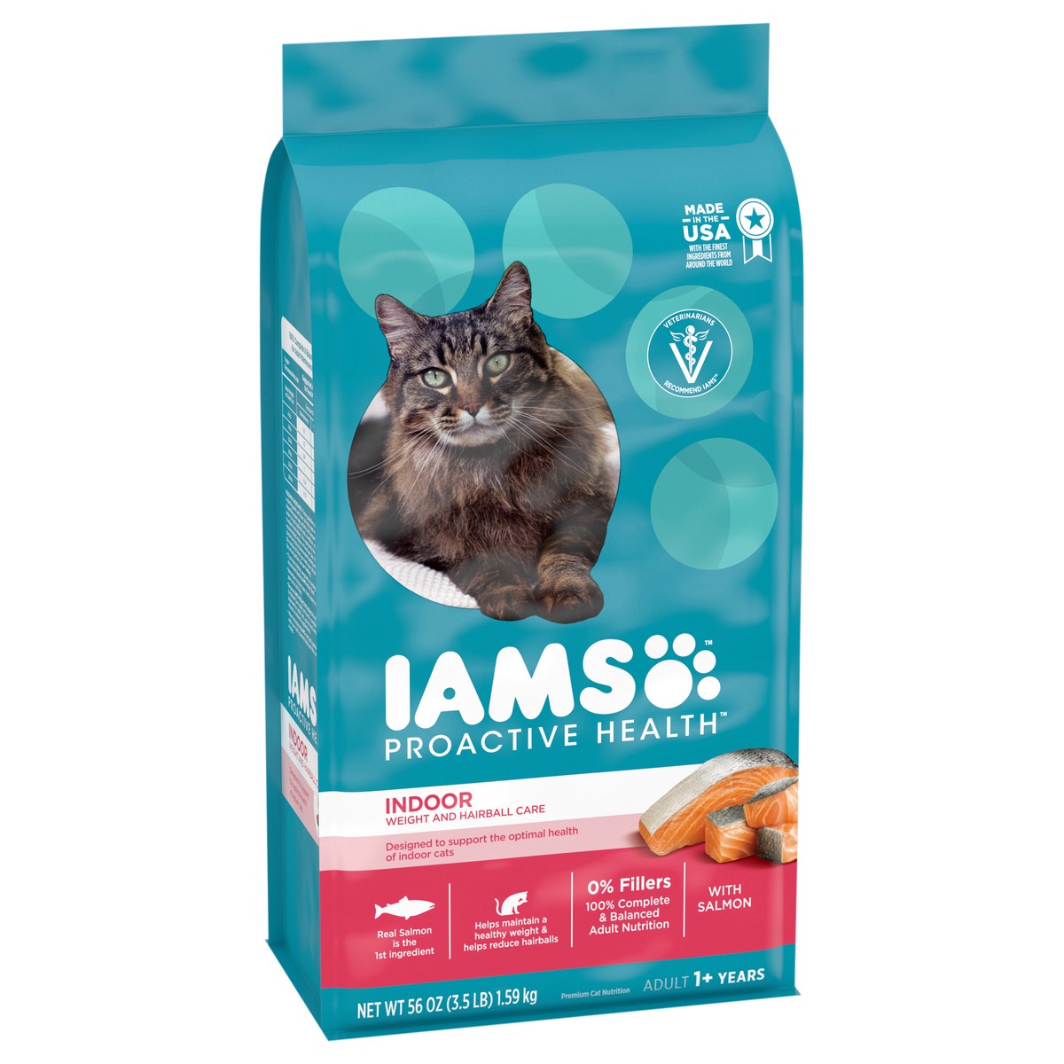 slide 8 of 15, IAMS PROACTIVE HEALTH Adult Indoor Weight Control & Hairball Care Dry Cat Food with Salmon, 3.5 lb. Bag, 56 oz