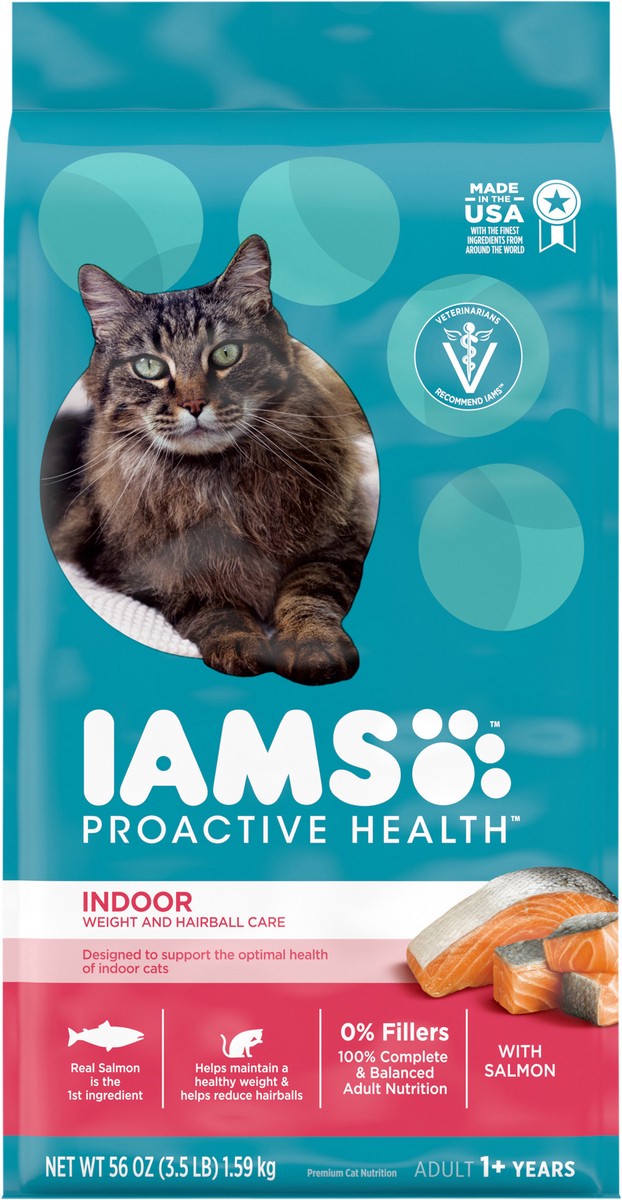 slide 9 of 15, IAMS PROACTIVE HEALTH Adult Indoor Weight Control & Hairball Care Dry Cat Food with Salmon, 3.5 lb. Bag, 56 oz