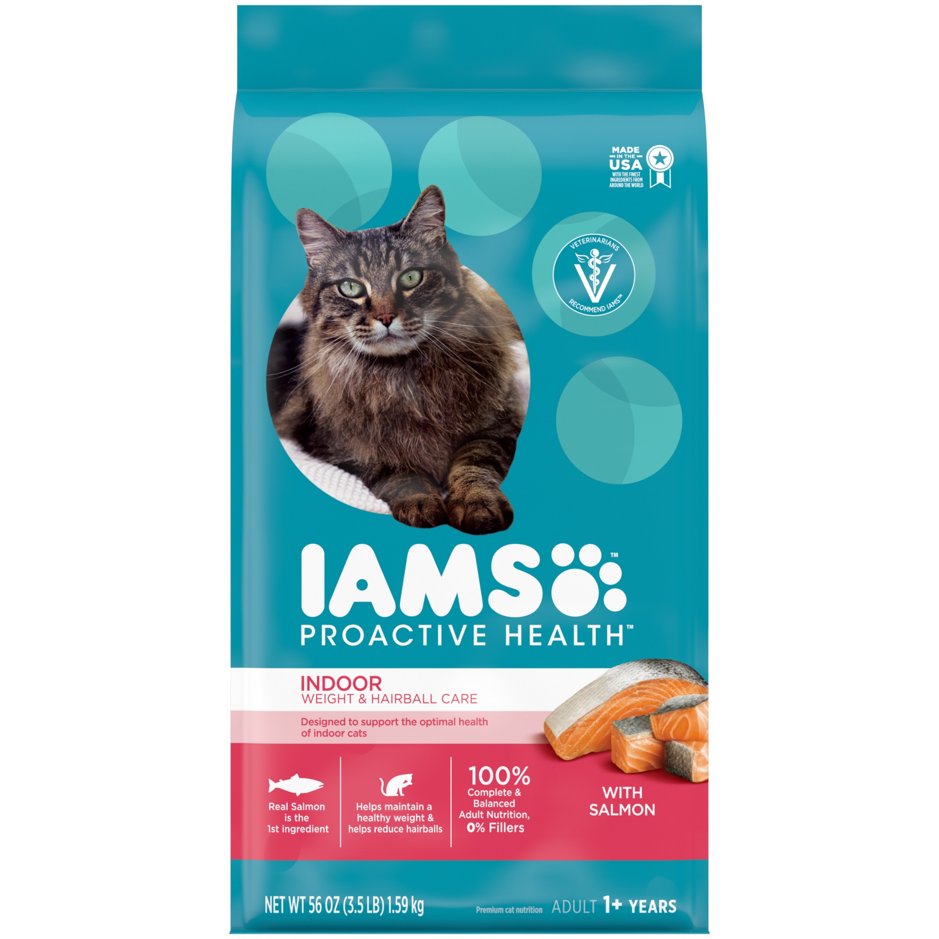 slide 1 of 1, IAMS PROACTIVE HEALTH Adult Indoor Weight & Hairball Care Dry Cat Food with Salmon, 3.5 lb