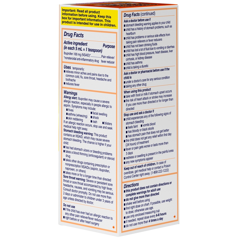 slide 2 of 6, Children's Motrin Oral Suspension 100mg Ibuprofen Medicine, NSAID Fever Reducer & Pain Reliever for Minor Aches & Pains Due to Cold & Flu, Dye Free, Alcohol-Free, Berry Flavored, 4 fl oz