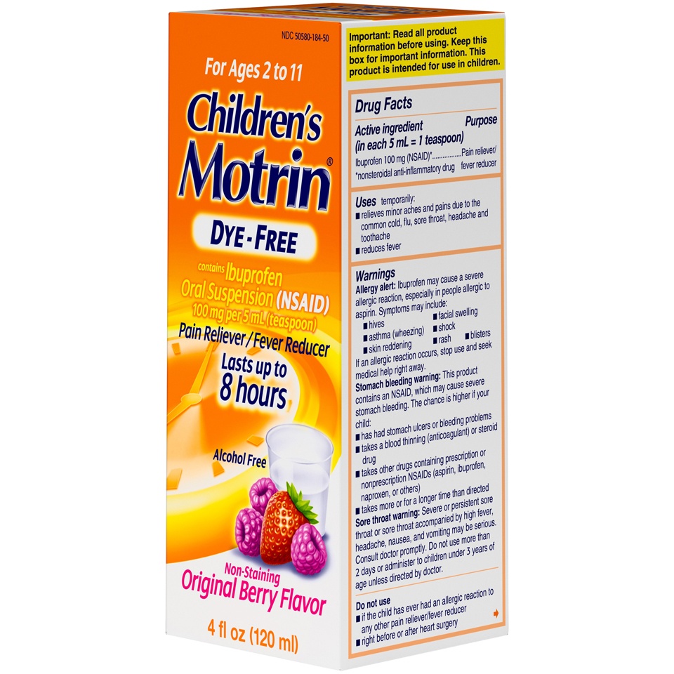slide 3 of 6, Children's Motrin Oral Suspension 100mg Ibuprofen Medicine, NSAID Fever Reducer & Pain Reliever for Minor Aches & Pains Due to Cold & Flu, Dye Free, Alcohol-Free, Berry Flavored, 4 fl oz