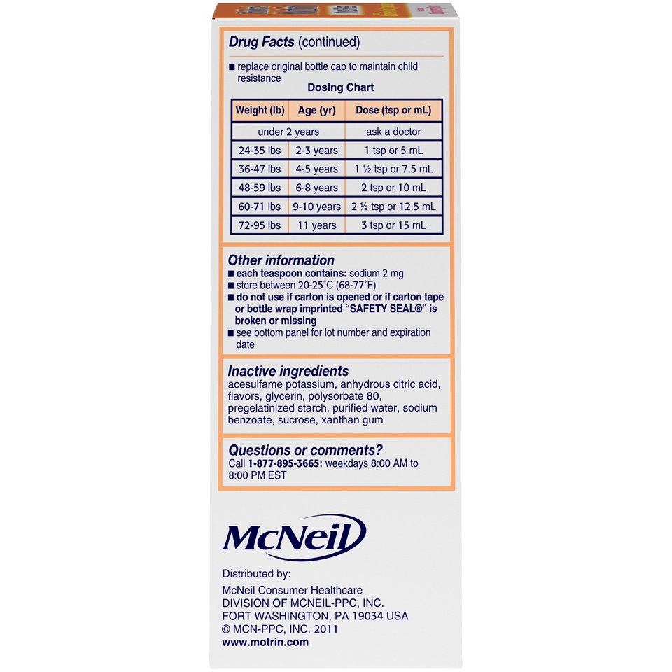 slide 4 of 6, Children's Motrin Oral Suspension 100mg Ibuprofen Medicine, NSAID Fever Reducer & Pain Reliever for Minor Aches & Pains Due to Cold & Flu, Dye Free, Alcohol-Free, Berry Flavored, 4 fl oz