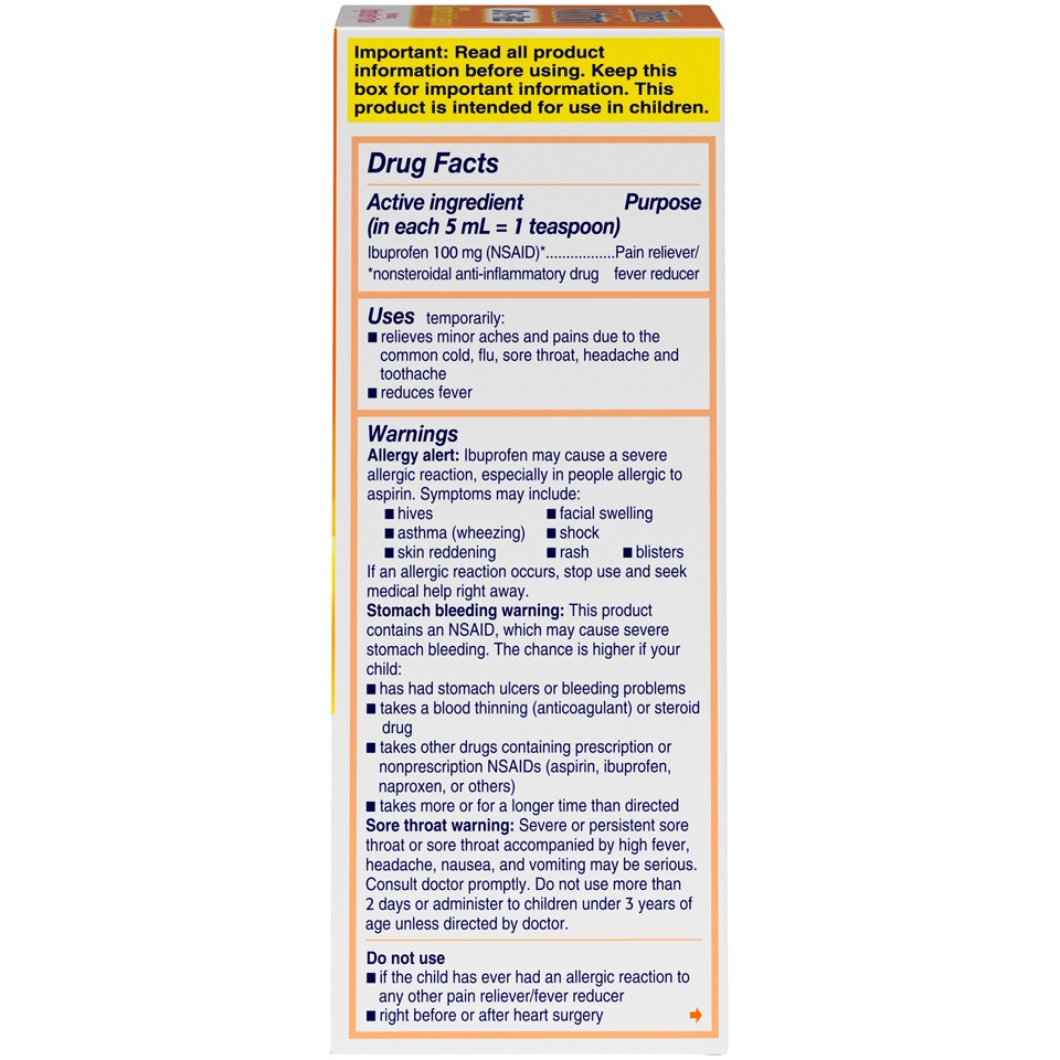 slide 5 of 6, Children's Motrin Oral Suspension 100mg Ibuprofen Medicine, NSAID Fever Reducer & Pain Reliever for Minor Aches & Pains Due to Cold & Flu, Dye Free, Alcohol-Free, Berry Flavored, 4 fl oz